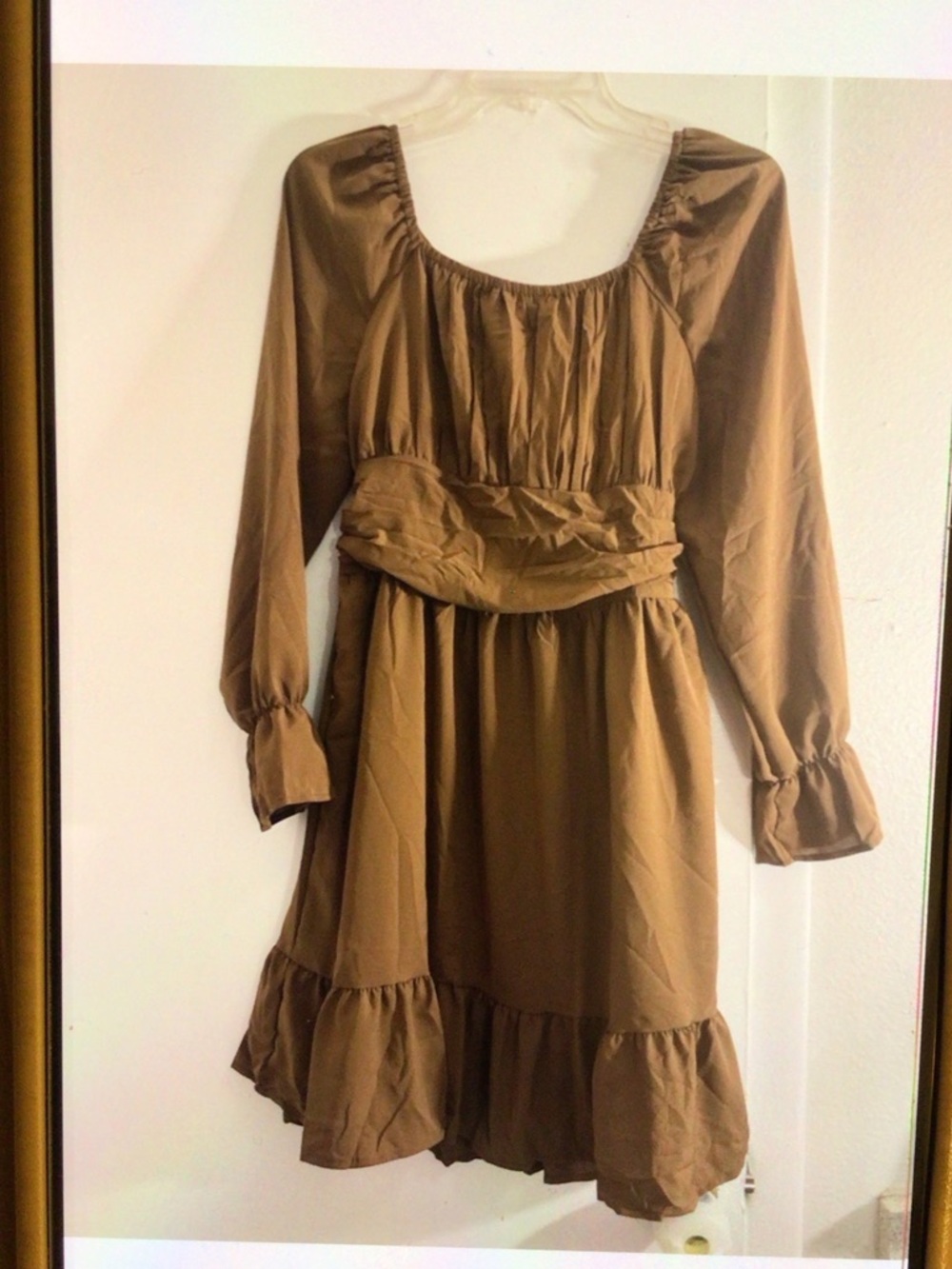 Brown Long Sleeve Ruffle Hem Dress